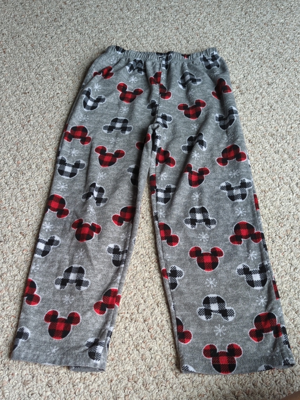 Disney Kids Unisex Gray Fleece Pajama Pants with Red & Black Mickey Plaid